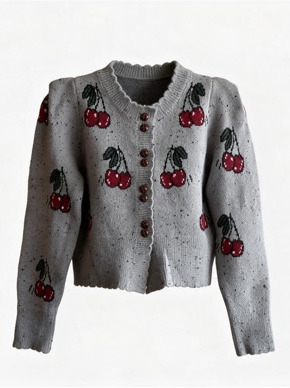 Gray Cherry-Print Button Y2K Cardigan Sweater